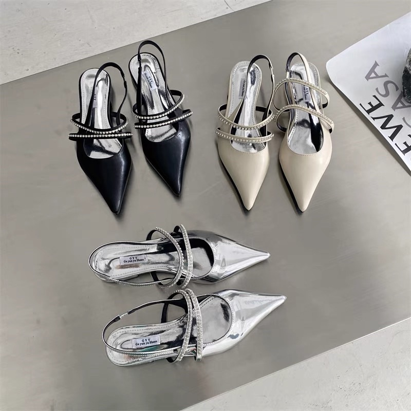 Giày sandal cho nữ mũi nhọn hở gót quai đính đá đế bệt