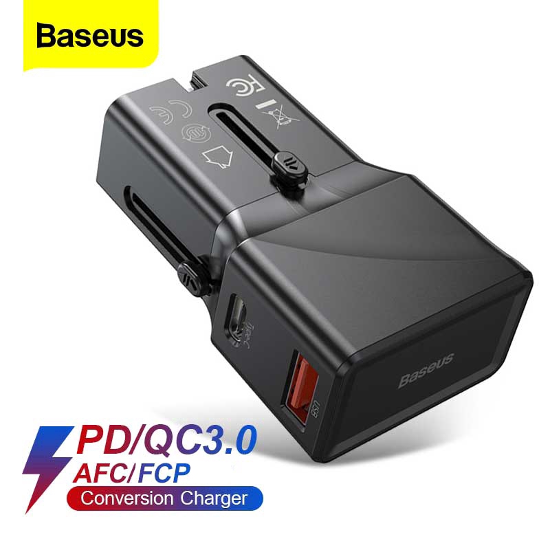 Củ sạc nhanh Baseus QC 3.0 PD3.0 đầu USB phích cắm EU UK thông dụng khi đi du lịch cho mọi điện thoại di động