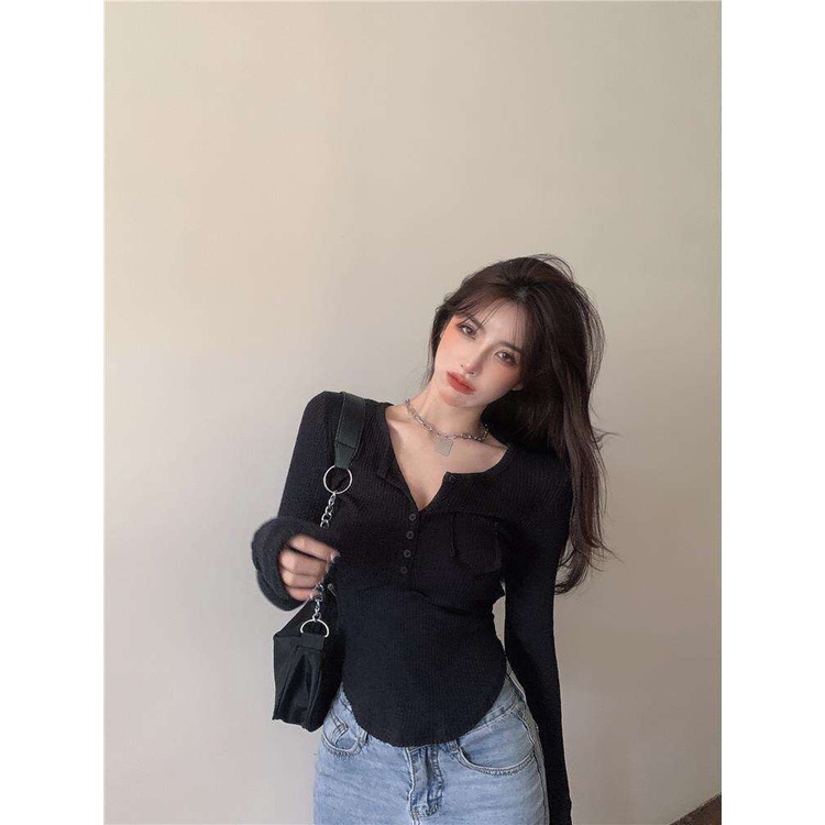 Áo croptop dài tay túi ngực dáng ôm phong cách hàn quốc -Áo thun cổ tròn ôm body sexy_veestore✨