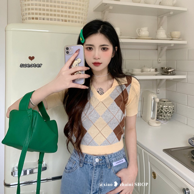 SUXI Áo Croptop Dệt Kim Tay Ngắn Cổ Chữ V Thời Trang Mùa Hè Phong Cách Vintage Cho Nữ
