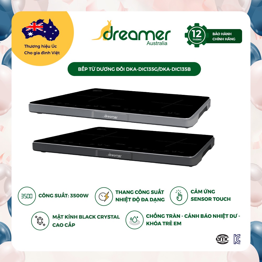 BẾP TỪ DƯƠNG ĐÔI DREAMER CHỐNG TRÀN DKA-DIC135B  - DKA-DIC135G  - Giao màu ngẫu nhiên - bảo hành 12 tháng
