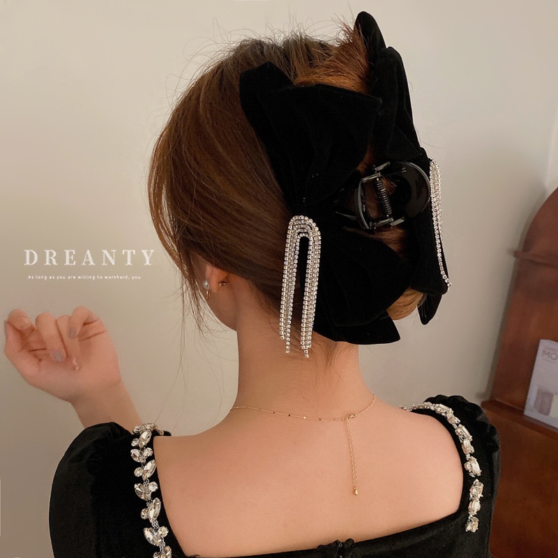 Kẹp Tóc Hình Nơ Đính Đá Phối Tua Rua Phong Cách Retro Thời Trang Cho Nữ