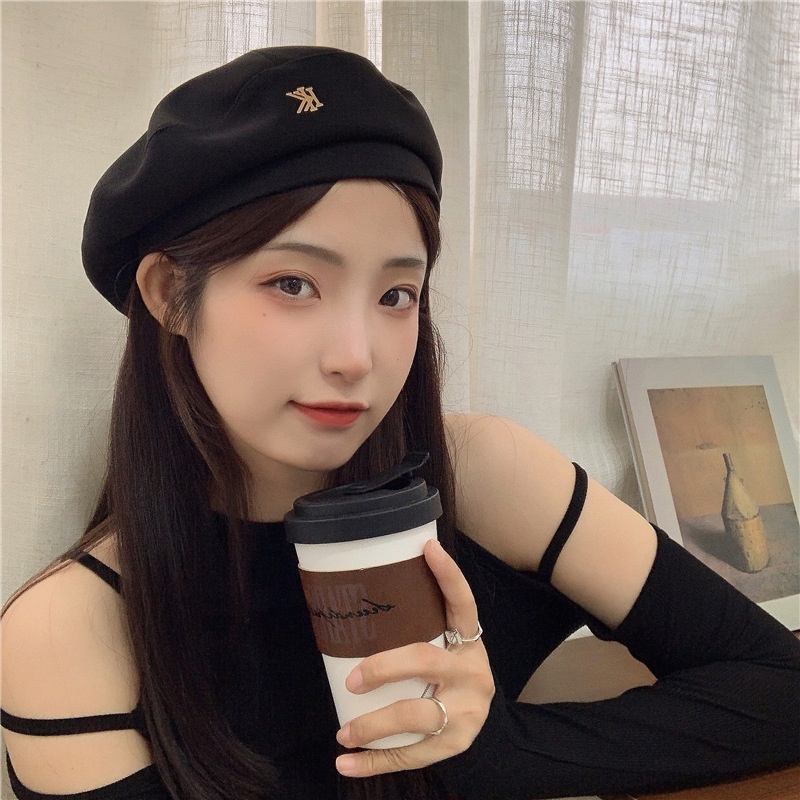 Mũ beret màu đen bằng len và kim loại phong cách Hàn Quốc thời trang thu đông cá tính retro cho nữ