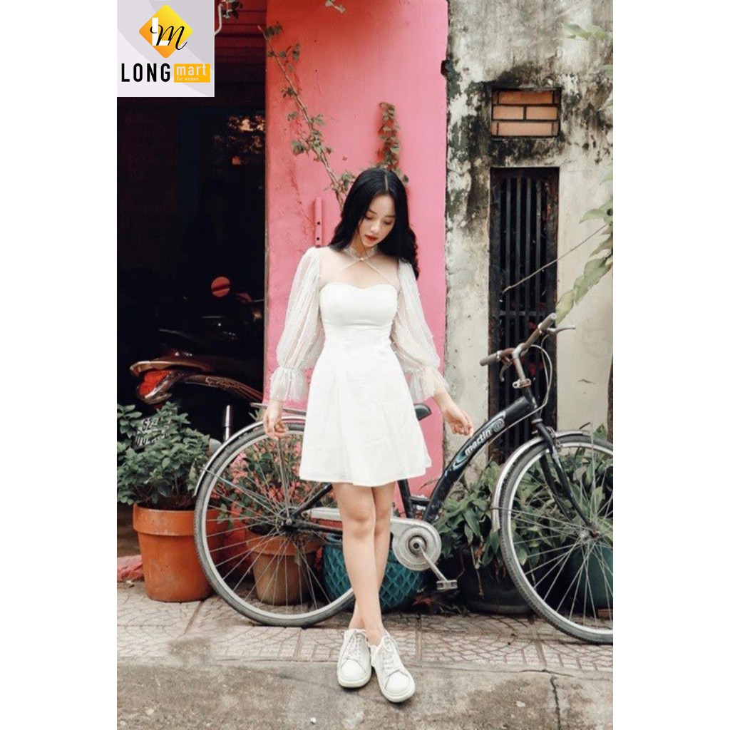 [Mẫu Mới] Đầm Tay Phồng Lưới Chấm Bi Cài Cổ Cao Cấp | BigBuy360 - bigbuy360.vn