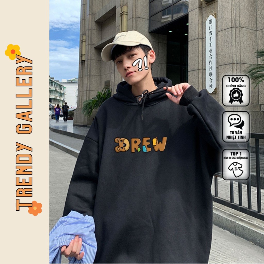 Hoodie Nỉ Mỏng Form Rộng Unisex In Chữ Họa Tiết Drew Trendy Gallery, Áo Khoác Nỉ Hoodie Nam Nữ Trắng Đen Basic TV5028