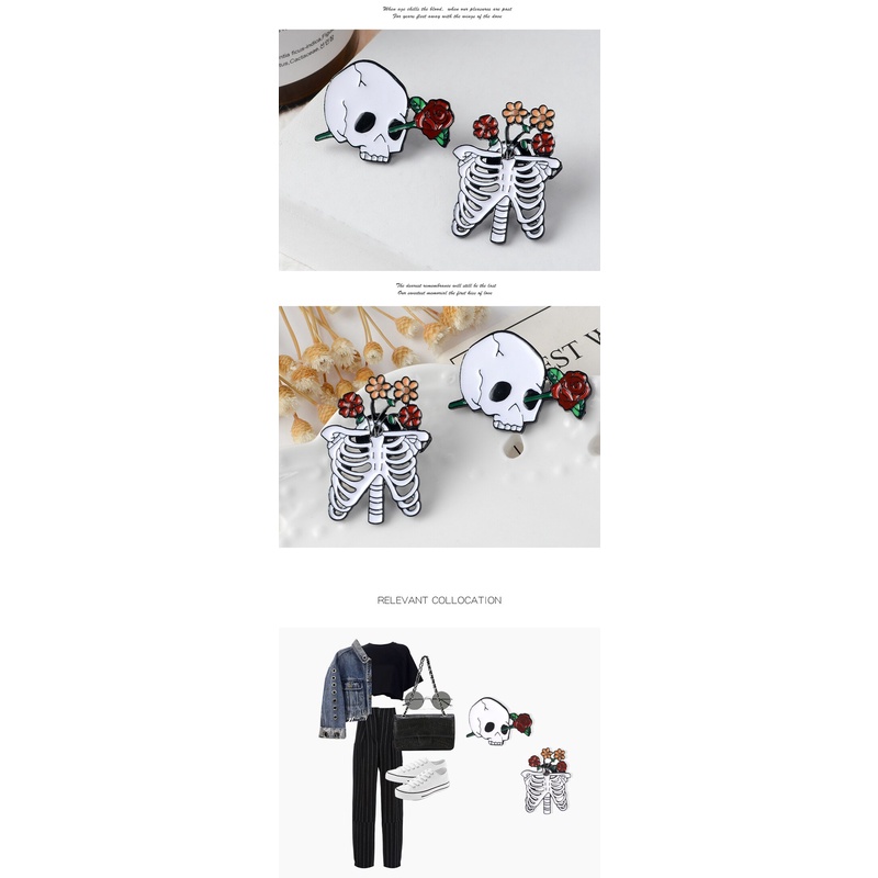 Ghim cài áo hình bộ xương/ đầu lâu phối hoa phong cách punk thời trang cho nam và nữ