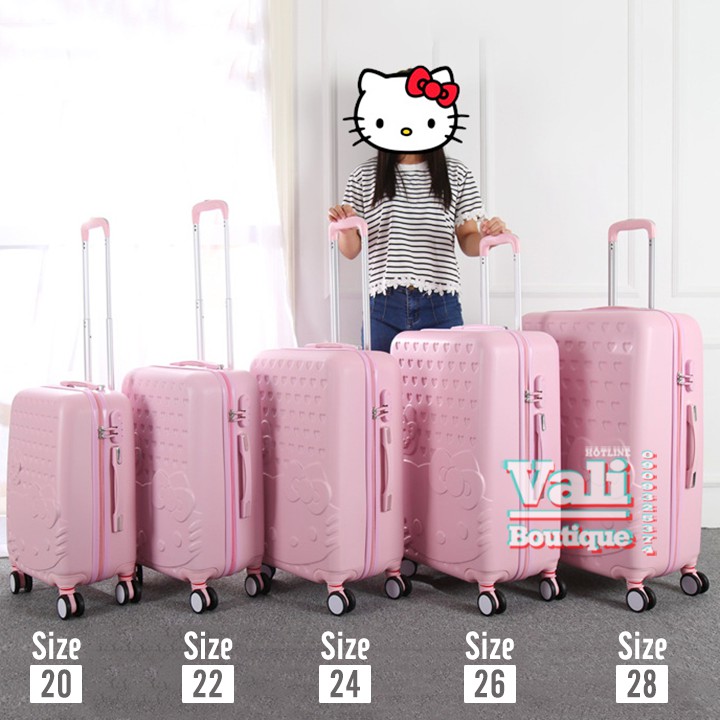 Vali kéo nhựa mèo Kitty - hồng phấn - hồng sen - size 20, 22, 24.