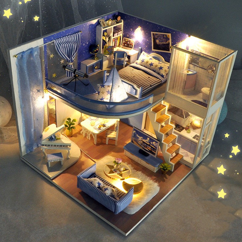 Mô hình nhà DIY Doll House Dream Starry Kèm Mica Chống bụi, Bộ dụng cụ và Keo dán