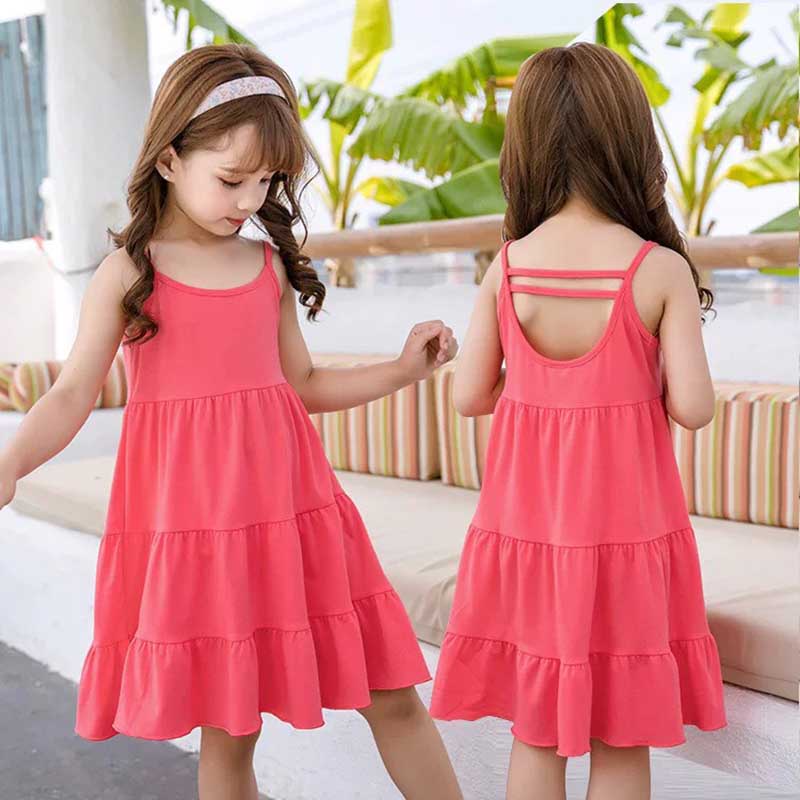 Váy đầm 2 dây cho bé gái MOMO chất cotton 3 tầng dáng xòe, Váy hai dây chất thun mềm mịn 10-25kg