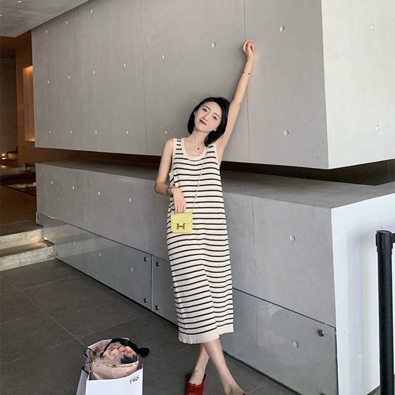 Váy Dệt Kim Sọc Cổ Điển 185445 Đầm Chữ a Không Tay Phong Cách Hàn Quốc Cổ Điển