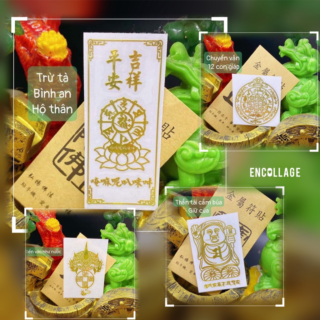 Bộ 4 Linh Phù  Bình An - Hộ Thân + Thần Tài Cầm Búa + Chuyển Vận 12 Con giáp + Tiền Vào Như Nước