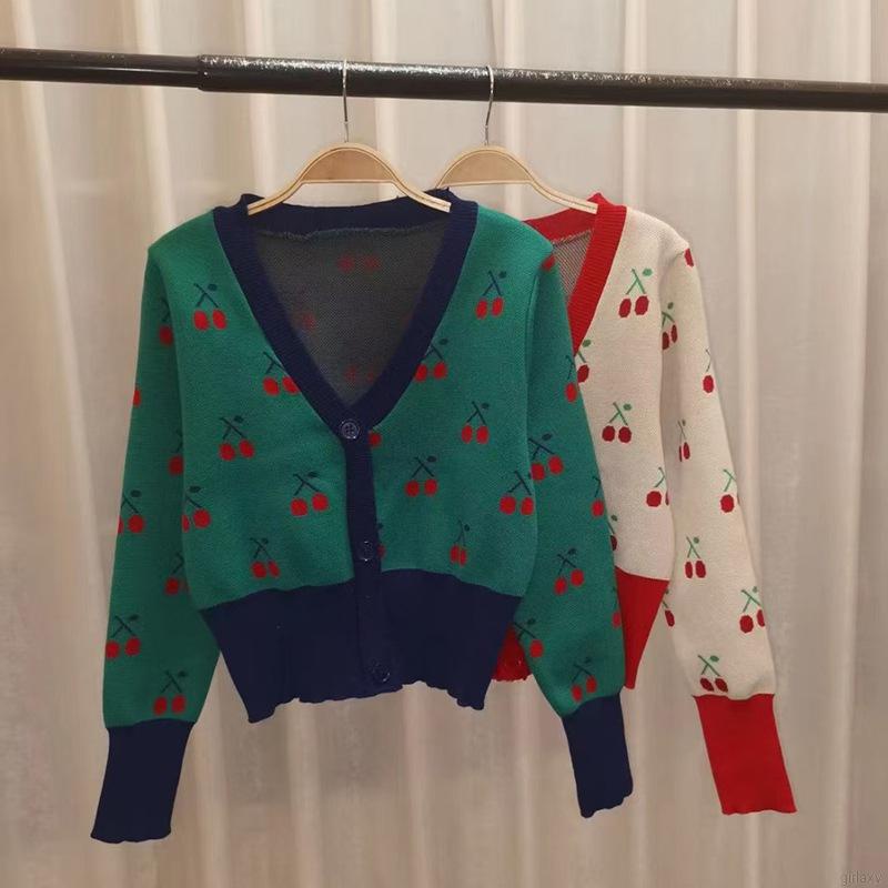 Áo len cổ chữ V tay dài in hình quả anh đào phong cách Hàn Quốc cổ điển cho nữ