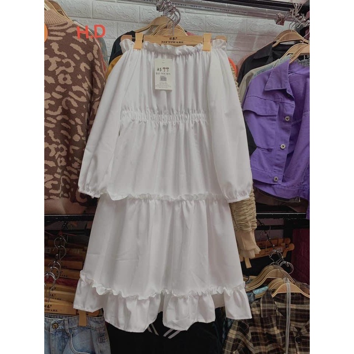 Váy đầm nữ trễ vai công chúa tay bồng chất voan 2 lớp dáng dài tiều thư phong cách hàn quốc,TONGKHOQUANAONU