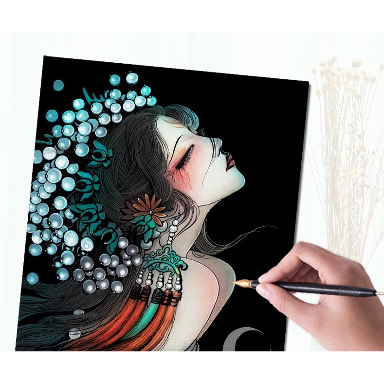 ALBUM TRANH CẠO CÔ GÁI CỔ TRANG, PHONG CẢNH  DẠ QUANG NHIỀU MẪU 41X29 CM
