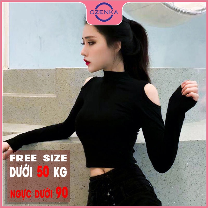 Áo croptop cổ lọ hở vai tay dài OZENKA , crt ôm body thun gân 100% cotton đen trắng free size dưới 50kg mặc đi chơi