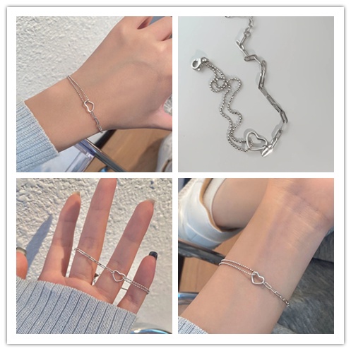 Vòng Tay Dây Xích Hai Lớp Hình Trái Tim Mạ Bạc Thời Trang Hàn Quốc Dành Cho Nữ 17cm