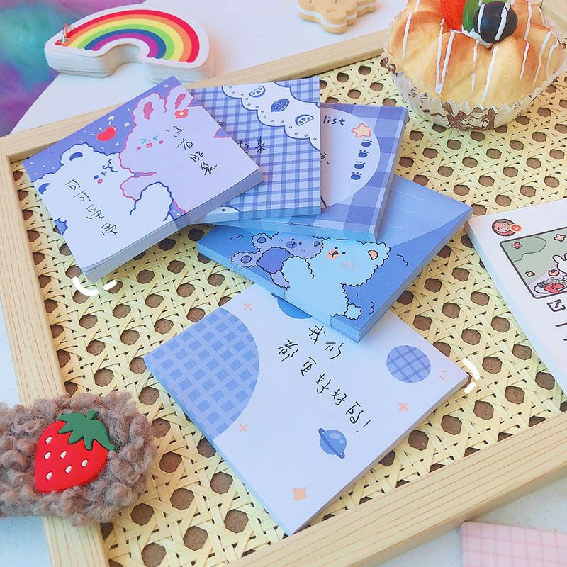 Giấy note cute có keo dán phối màu Xanh tím mộng mơ Gấu và Thỏ đáng yêu BMBooks