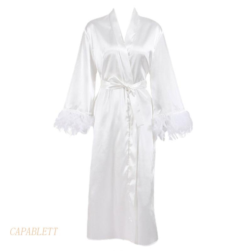 Áo Choàng Tắm Kimono Vải Satin Phối Lông Vũ Cho Cô Dâu