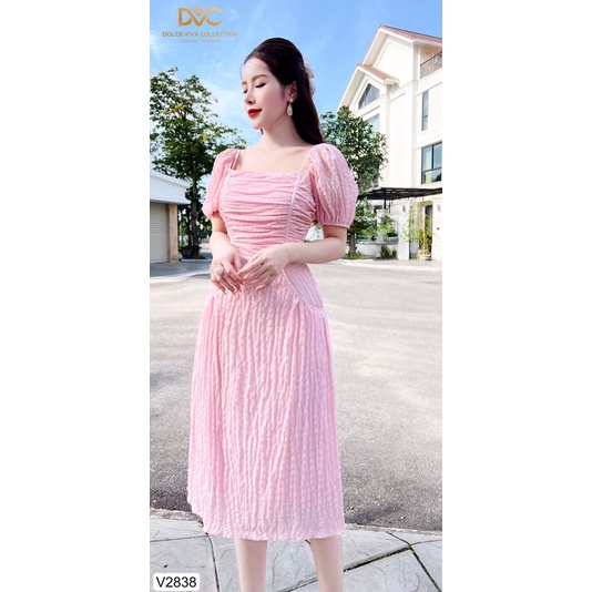 V2838 váy chữ A màu hồng