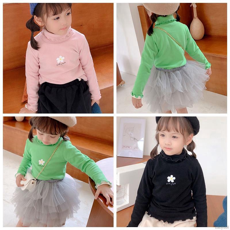 0-6Y Autumn Children Girls Thick Warm Floral High Collar Bottoming T-Shirt Top