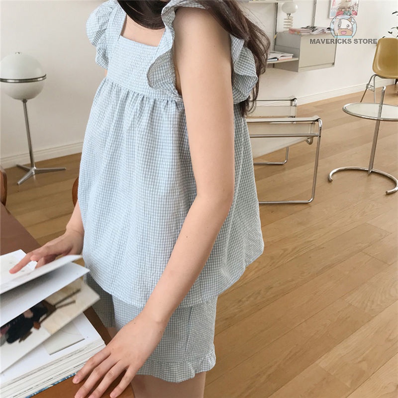 Bộ đồ ngủ ngắn hai mảnh màu trơn kiểu Nhật Bản dễ thương thời trang mùa hè cho nữ