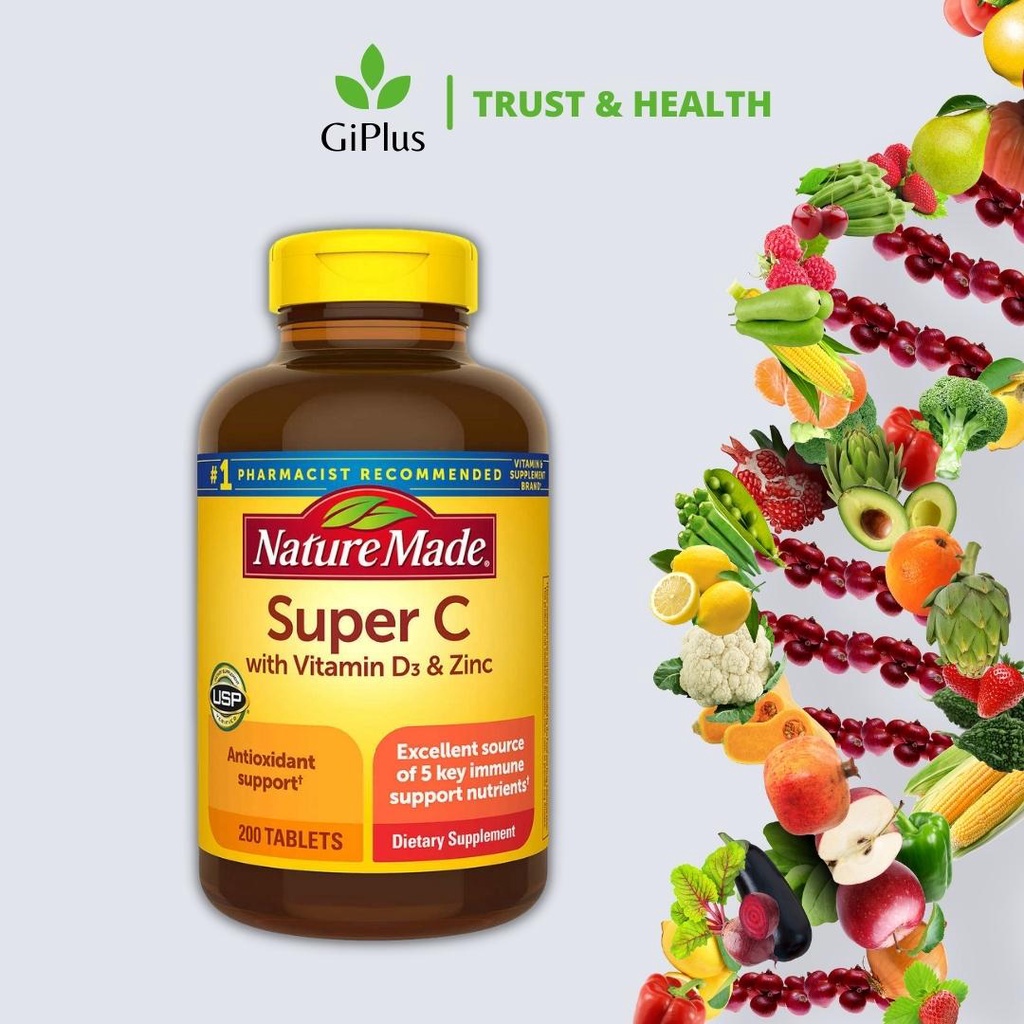 Viên Uống Bổ Sung Vitamin C Tăng Cường Miễn Dịch Nature Made Super C With D3 &amp; Zinc (200 viên/lọ)