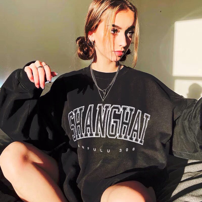 Áo Sweater Shanghai Bo Tăm PEONYB Nữ [FREESHIP]  Nỉ tay bồng form rộng in chữ to có tính Ulzzang