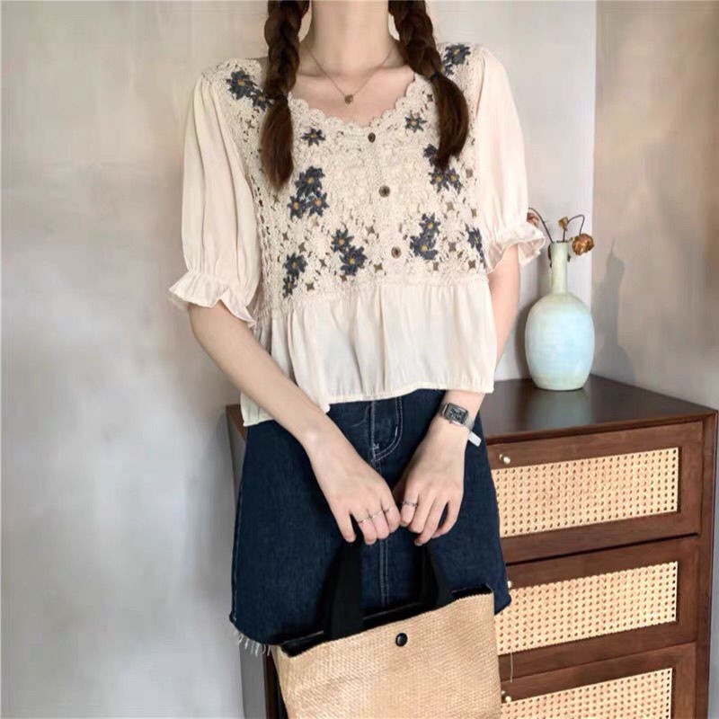Áo kiểu BH cổ chữ V tay phồng thêu họa tiết thời trang mùa xuân cho nữ 2021