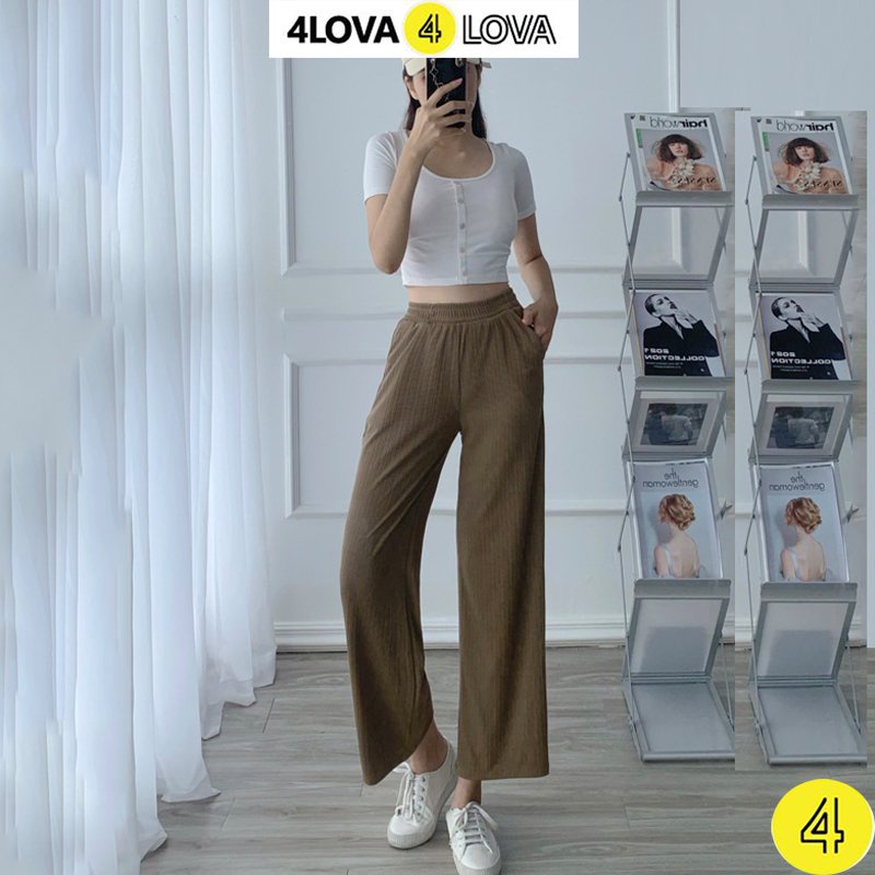 Quần ống rộng nữ 4LOVA vải len gân Thái cao cấp cạp cao co giãn kiểu culottes dáng thụng suông mềm mại EVA3