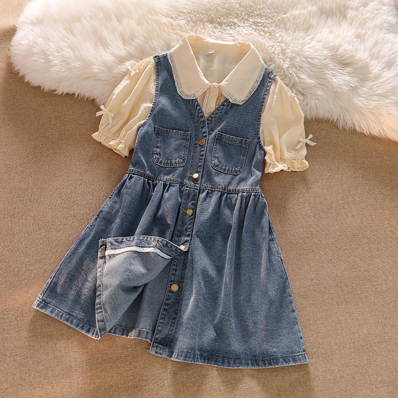 Bộ Áo Sơ Mi Cổ Búp Bê + Chân Váy Yếm Denim Thời Trang Nhật Hàn 2022 Cho Nữ