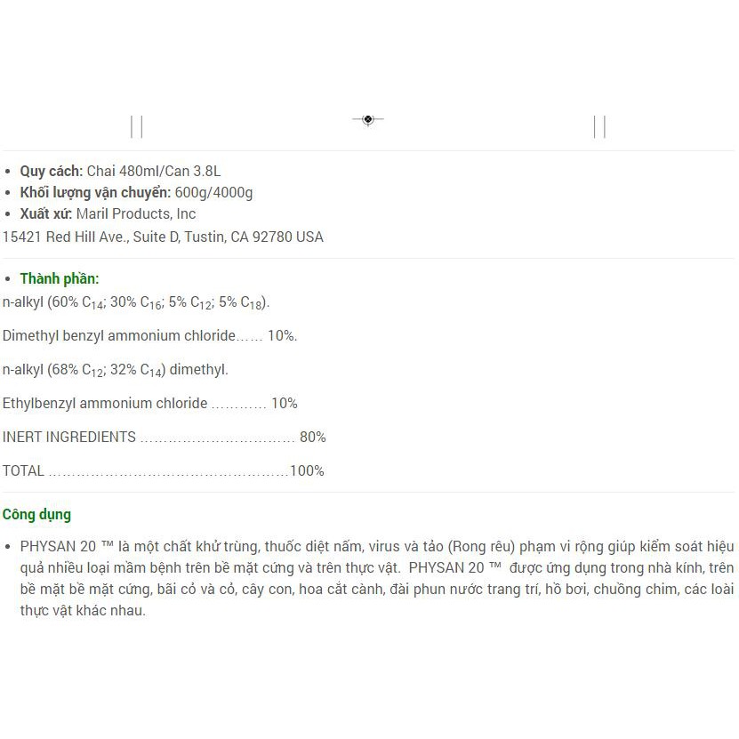 Physan 20 Mỹ Dung dịch sát khuẩn 240ml