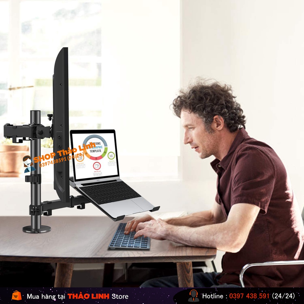 Giá Treo Màn Hình 17-32 Inch Kèm Giá Đỡ Laptop M076  / Tải Trọng 8Kg - Tay 38 Cm  - Lắp Đặt Kẹp Bàn