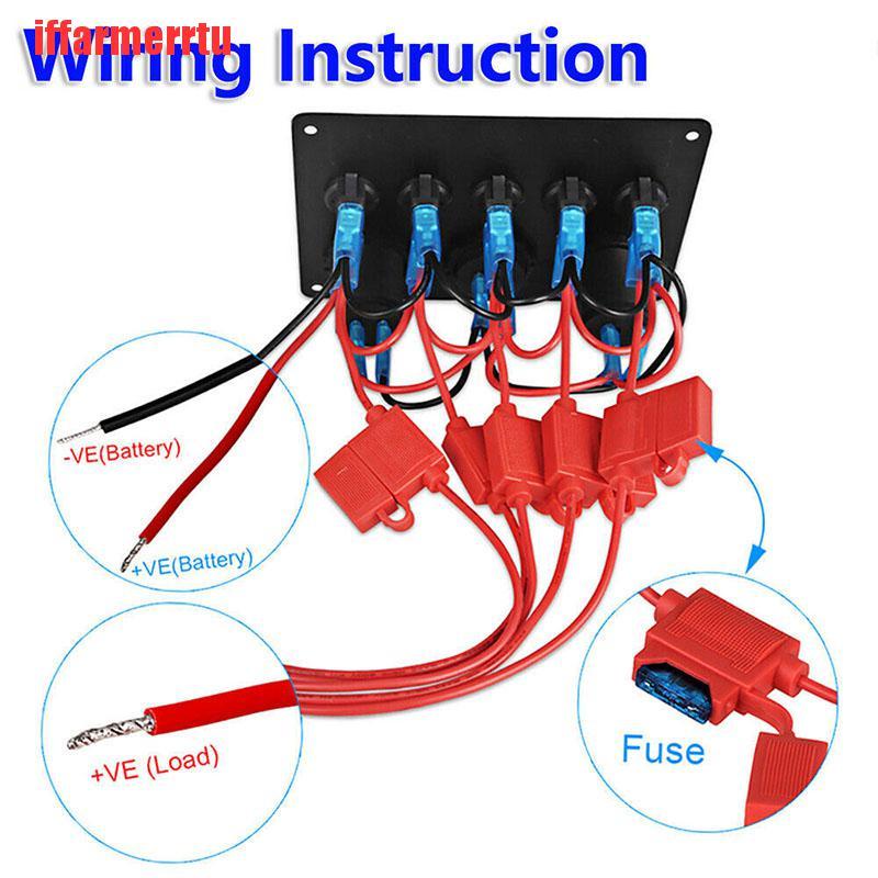 {iffarmerrtu}5 Gang Switch Panel 12V/24V Car Boat Marine Blue LED Rocker Breaker Controls HZQ