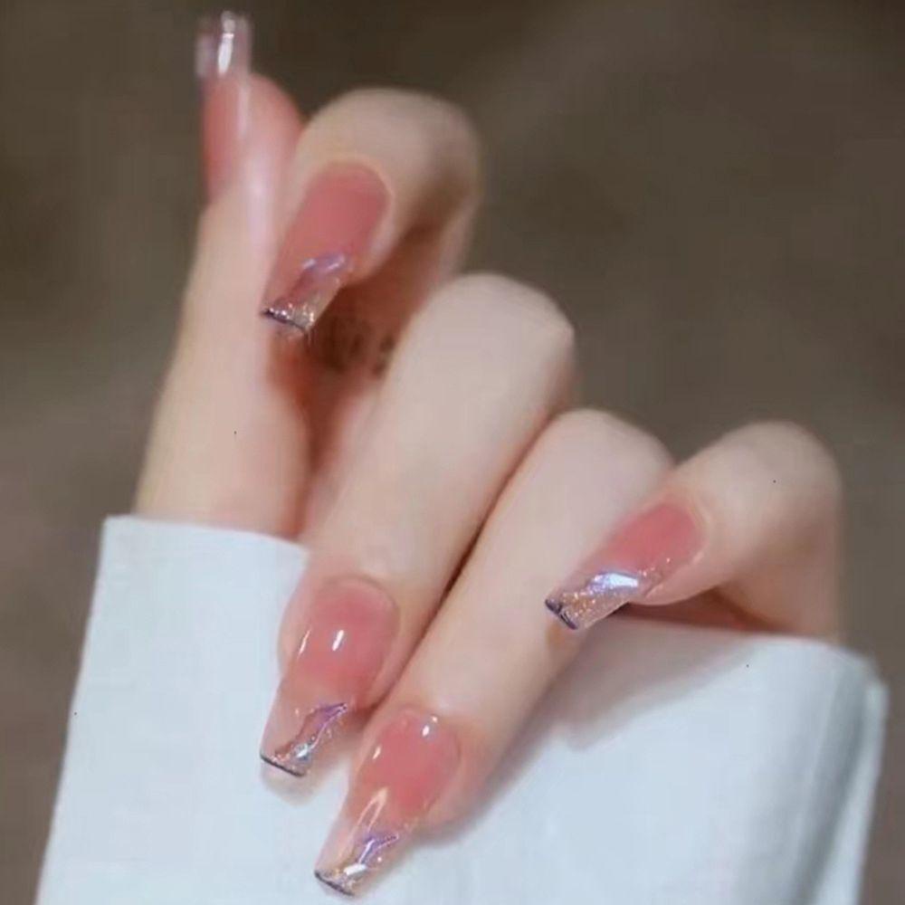 MIHAN1 Bộ 24 Móng Tay Giả Đính Hoa Hồng Hồng Lấp Lánh