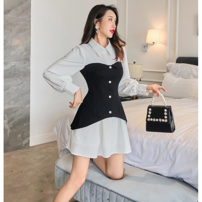 Đầm sơ mi phối đen trắng - VBEO224