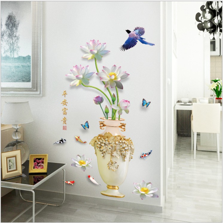 decal trang trí   dán tường bình hoa sen cá