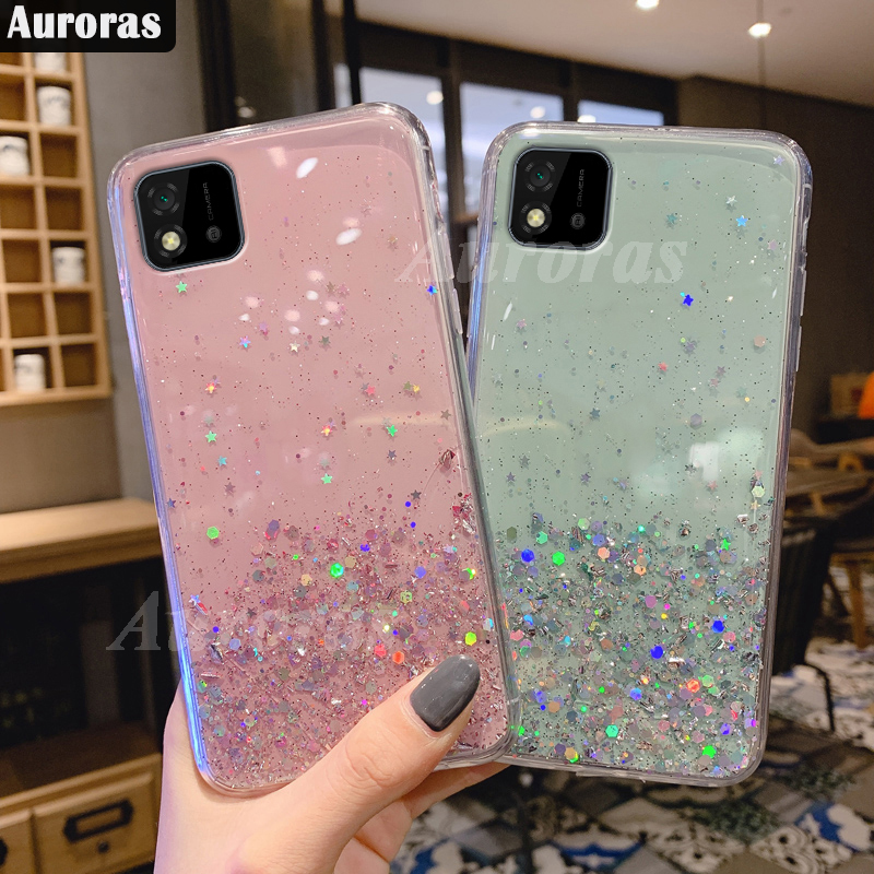 Auroras Phone Casing Realme C20 Glitter Bling Sequins Cover for Realme C20 Phone Case Starry Sky Transparent Soft Casing Cover Full Stars Moon