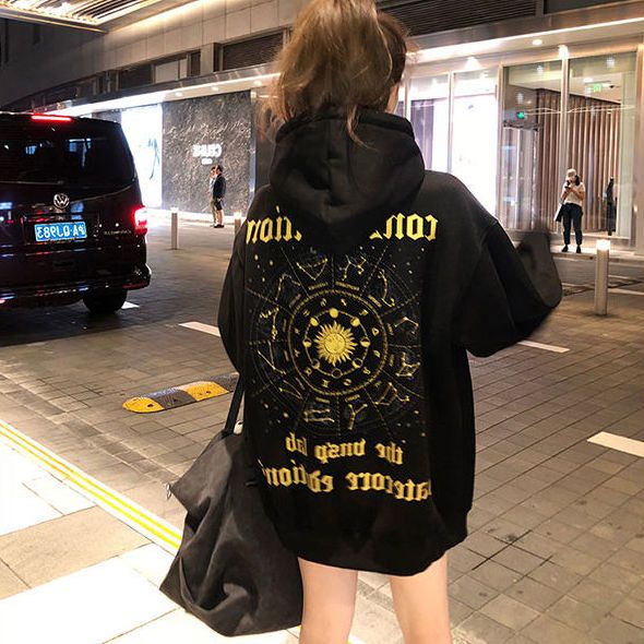 Velvet and thickened hooded sweater women's Korean version loose American vintage vibe style niche design medium-and long-style blouse