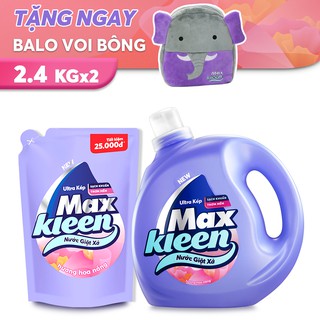 Combo nước giặt xả Maxkleen hương Hoa Nắng: 1 chai 2.4 kg + 1 túi 2.4 kg tặng Voi bông