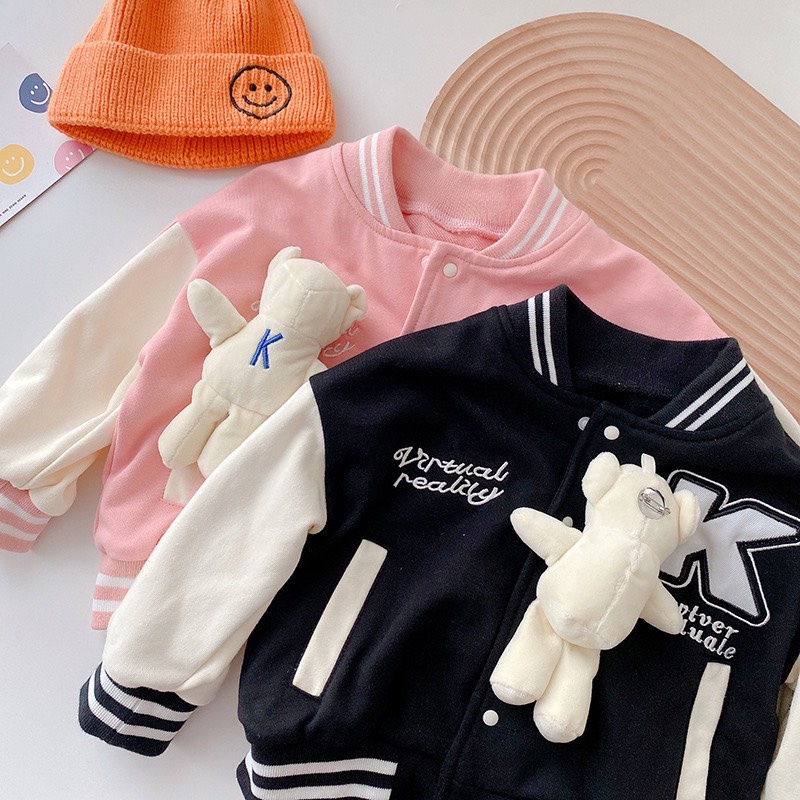 Áo bomber bóng chày trẻ em mix họa tiết gấu độc lạ, vải mềm cao cấp ( con gấu có thể tháo ra được )