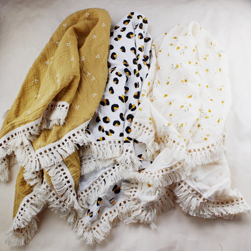 Chăn Quấn Em Bé 2 Lớp Chất Liệu Cotton Nguyên Chất Mềm Mại Phối Tua Rua Phong Cách Hồi Giáo Tiện Dụng