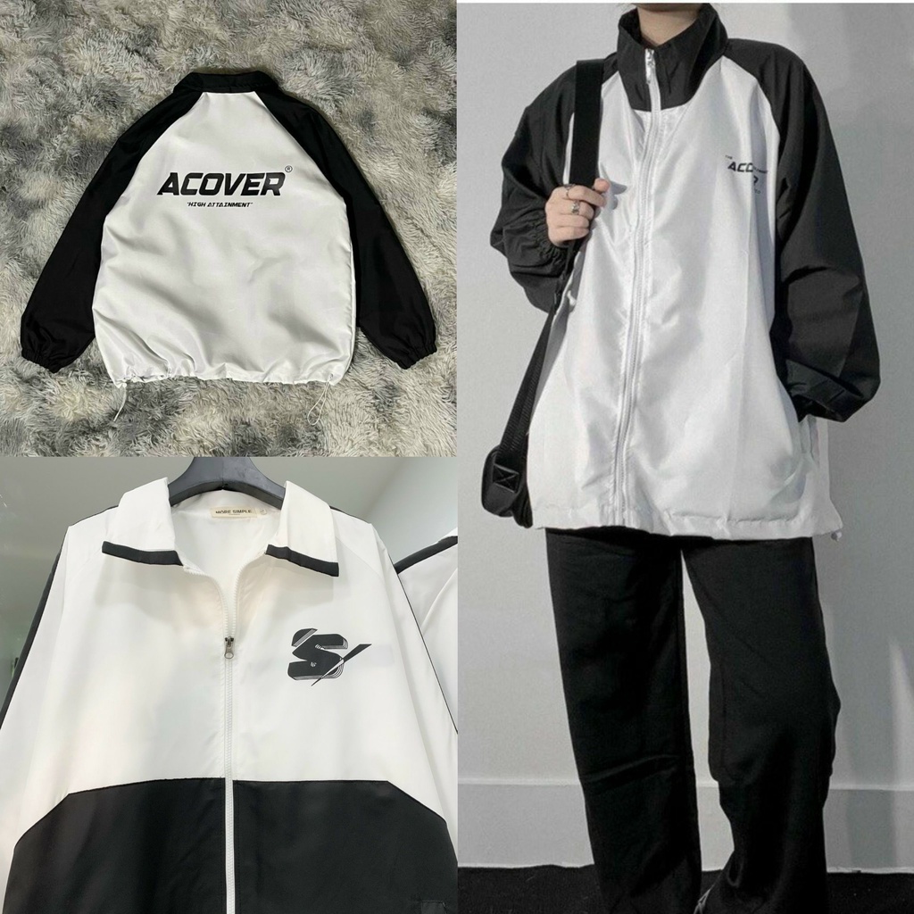Áo khoác dù Nam nữ acover chữ S 2 lớp dày dặn full zip PHỐI TRẮNG ĐEN