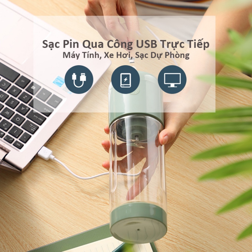 Máy Xay Sinh Tố Mini Cầm Tay Malata 400ML Lưỡi Dao Thép 4 Cánh Không Gỉ, Đa Năng Tiện Dụng, Có Sạc Pin USB Bảo Hành 12 T