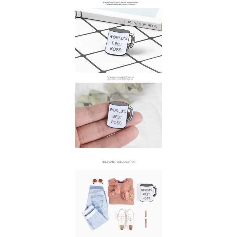 Ghim cài áo QIHE JEWELRY hình cốc cà phê họa tiết chữ đơn giản
