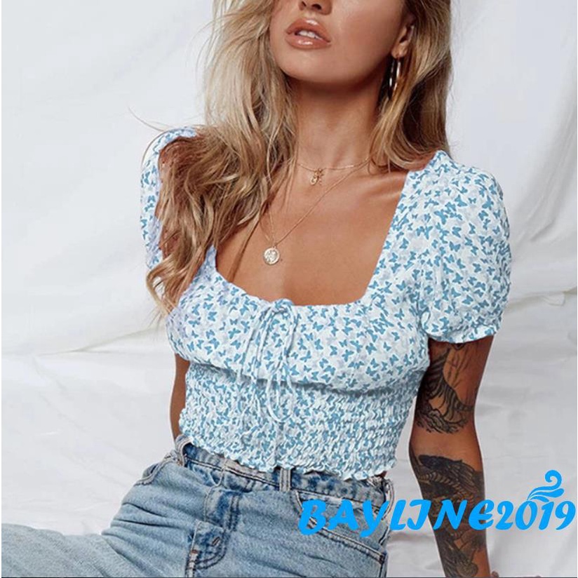 Áo croptop cổ vuông tay phồng ngắn phối ren phong cách vintage thời trang mùa hè cho nữ