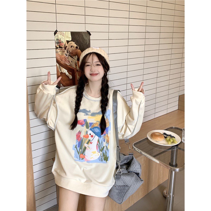 Áo Nỉ Sweater Chỉ Nổi Màu Kem In Hình Cute, Áo Nỉ Nữ Đáng Yêu