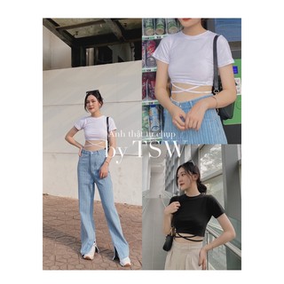 Áo croptop thun dây buộc eo, crop top thắt eo