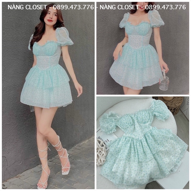 Đầm voan cúp ngực tay phồng hoa nhí tùng xoè màu xanh NÀNG CLOSET