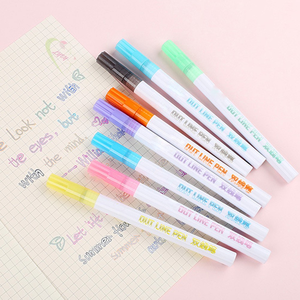 LE 8pcs Fluorescent Pens Double Line Contour Color Marker Pen for Writing Drawing Painting @VN