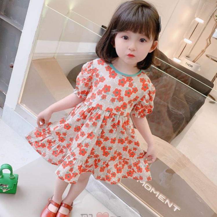 Váy bé gái - Váy hoa cam tay bồng siêu xinh cho bé 1-5 Tuổi